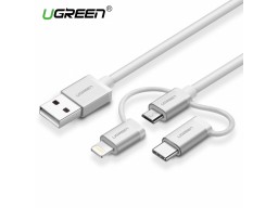 Переходник Ugreen US186 USB 2.0 A To Micro USB+Lightning+Type C (3 in 1) Cable Sliver 1.5M, 50203