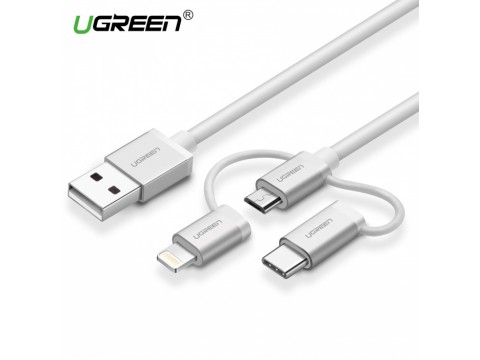 Переходник Ugreen US186 USB 2.0 A To Micro USB+Lightning+Type C (3 in 1) Cable Sliver 1.5M, 50203