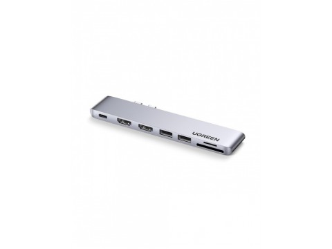 Конвертер Ugreen CM356 Dual USB-C To 2*USB 3.0 A+USB-C Female+ 2*HDMI+TF/SD Converter Gray, 80548