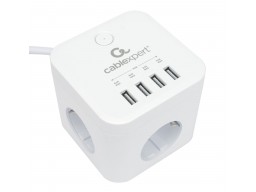 Сетевой фильтр Cablexpert Cube CUBE-3-U4-W-1.5, 3р, 10А, 4хUSB, 1.5м, ур.защиты 4+, коробка белый
