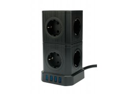 Сетевой фильтр Cablexpert Tower TWR-9-U4-B-2, 9р, 16А, 4хUSB, 3.1А, 2м, ур.защ. 4+, коробка черный