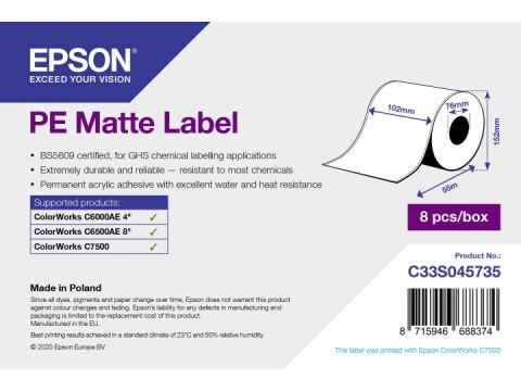 PE Matte Label - Continuous Roll: 102mm x 55m