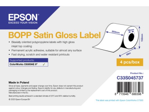 BOPP Satin Gloss Label - Continuous Roll: 203mm x 68m