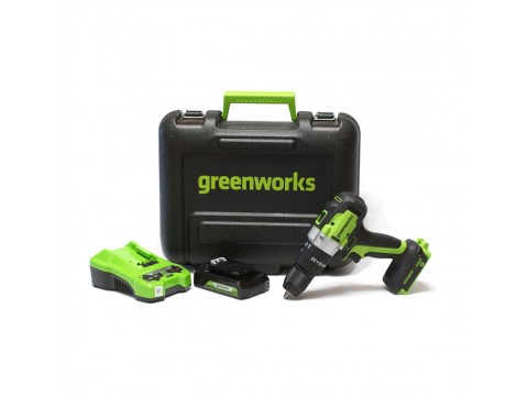 Дрель-шуруповерт аккумуляторная Greenworks 3704107UA, 24V, c 1хАКБ 2 Ач и ЗУ в кейсе