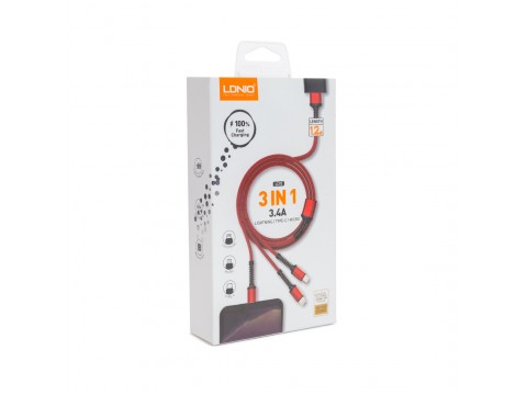 Интерфейсный кабель LDNIO 3 in 1 LC93 3.4A Nylon 1.2м Серый