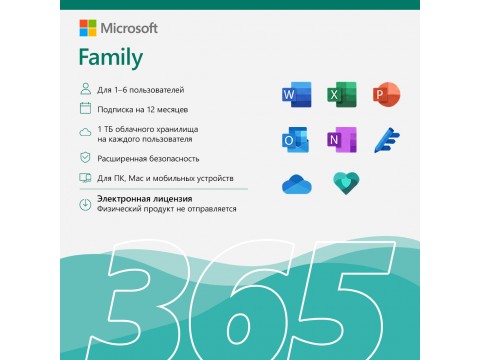Электронная лицензия (ESD ключ) Microsoft 365 Family AllLng Sub PK Lic 1YR Online CEE C2R NR