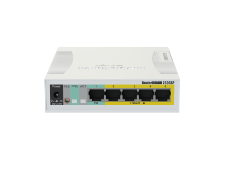 Коммутатор MikroTik RB260GSP / 5 портов Gigabit Ethernet, 1 порт SFP, PoE пассивный поддержка