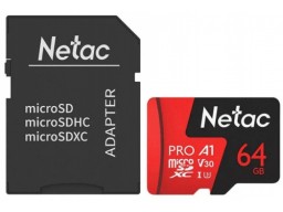 Карта памяти MicroSD 64GB Class 10 V30/A1 Netac NT02P500PRO-064G-R с адаптером