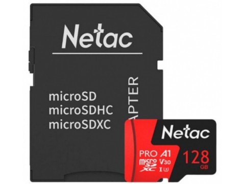 Карта памяти MicroSD 128GB Class 10 V30/A1 Netac NT02P500PRO-128G-R с адаптером