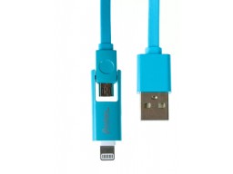 Кабель Olmio USB 2.0 - microUSB/Apple 8pin, 2-в-1, 1м, 2.1A, голубой, плоский