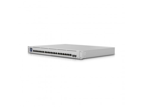 UBIQUITI Enterprise 24 PoE; (12) 2.5 GbE, (12) GbE; all PoE+ ports; (2) 10G SFP+ ports; 400W total PoE availability; DC power backup-ready; Layer 3 switching.