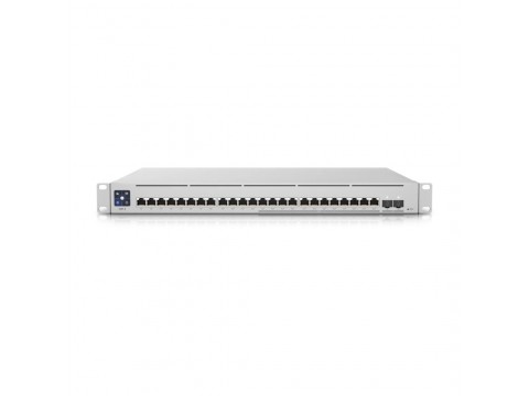 UBIQUITI Enterprise 24 PoE; (12) 2.5 GbE, (12) GbE; all PoE+ ports; (2) 10G SFP+ ports; 400W total PoE availability; DC power backup-ready; Layer 3 switching.