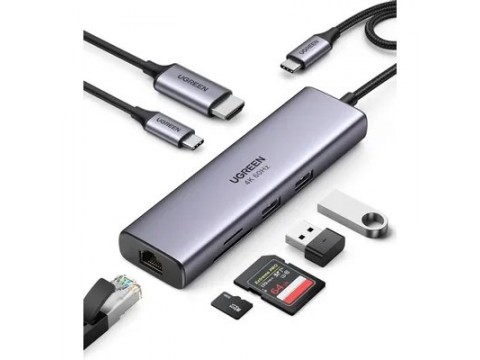 Конвертер Ugreen CM512 USB-C To 3*USB 3.0 A+HDMI+RJ45+PD 15598