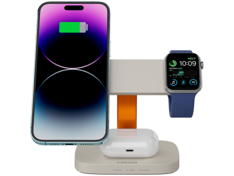 CANYON Wireless Charging Station Hexagon 310 3in1 LightGrey/Orange