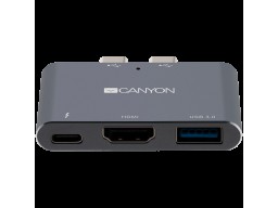 CANYON DS-1, Multiport Docking Station with 3 port, with Thunderbolt 3 Dual type C male port, 1*Thunderbolt 3 female+1*HDMI+1*USB3.0. Input 100-240V, Output USB-C PD100W&USB-A 5V/1A, Aluminium alloy, Space gray, 59*35.5*10mm, 0.028kg