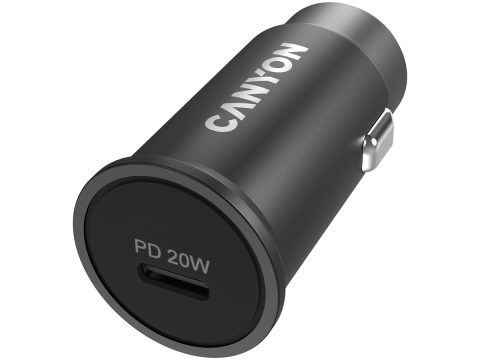 Canyon C-20, PD 20W Pocket size car charger, input: DC12V-24V, output: PD20W, support iPhone12 PD fast charging, Compliant with CE RoHs , Size: 50.6*23.4*23.4, 18g, Black