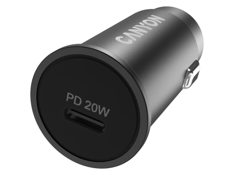 Canyon C-20, PD 20W Pocket size car charger, input: DC12V-24V, output: PD20W, support iPhone12 PD fast charging, Compliant with CE RoHs , Size: 50.6*23.4*23.4, 18g, Black