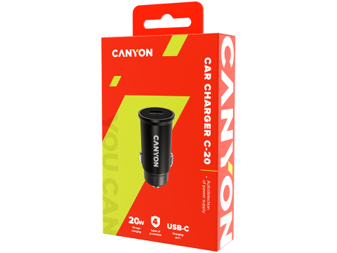 Canyon C-20, PD 20W Pocket size car charger, input: DC12V-24V, output: PD20W, support iPhone12 PD fast charging, Compliant with CE RoHs , Size: 50.6*23.4*23.4, 18g, Black