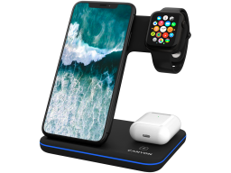 CANYON WS-303, 3in1 Wireless charger, with touch button for Running water light, Input 9V/2A, 12V/2A, Output 15W/10W/7.5W/5W, Type c to USB-A cable length 1.2m, 137*103*140mm, 0.195Kg, Black