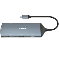 CANYON DS-15, 8 in 1 hub, with 1*HDMI,1*Gigabit Ethernet,1*USB C female:PD3.0 support max60W,1*USB C male :PD3.0 support max100W,2*USB3.1:support max 5Gbps,1*USB2.0:support max 480Mbps, 1*SD, cable 15cm, Aluminum alloy housing,133.24*48.7*15.3mm,Dark
