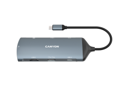 CANYON DS-15, 8 in 1 hub, with 1*HDMI,1*Gigabit Ethernet,1*USB C female:PD3.0 support max60W,1*USB C male :PD3.0 support max100W,2*USB3.1:support max 5Gbps,1*USB2.0:support max 480Mbps, 1*SD, cable 15cm, Aluminum alloy housing,133.24*48.7*15.3mm,Dark