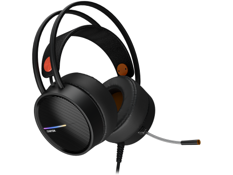 CANYON INTERCEPTOR GH-8A, Gaming headset 3.5mm jack plus USB connector for LED backlight, adjustable microphone and volume control, with 2in1 3.5mm adapter, cable 2M, Black and Orange, 0.36kg