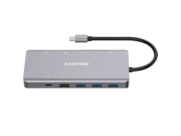 CANYON DS-12, 13 in 1 USB C hub, with 2*HDMI, 3*USB3.0: support max. 5Gbps, 1*USB2.0: support max. 480Mbps, 1*PD: support max 100W PD, 1*VGA,1* Type C data, 1*Glgabit Ethernet, 1*3.5mm audio jack, cable 15cm, Aluminum alloy housing,130*57.5*15 mm,DarK gra