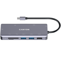 CANYON DS-11, 9 in 1 USB C hub, with 1*HDMI: 4K*30Hz,1*Gigabit Ethernet,, 1*Type-C PD charging port, Max 100W PD input. 2*USB3.0,transfer speed up to 5Gbps. 1*USB 2.0, 1*SD, 1*3.5mm audio jack, cable 18cm, Aluminum alloy housing115*46*15 mm, 88.5g, Dark g