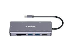 CANYON DS-11, 9 in 1 USB C hub, with 1*HDMI: 4K*30Hz,1*Gigabit Ethernet,, 1*Type-C PD charging port, Max 100W PD input. 2*USB3.0,transfer speed up to 5Gbps. 1*USB 2.0, 1*SD, 1*3.5mm audio jack, cable 18cm, Aluminum alloy housing115*46*15 mm, 88.5g, Dark g