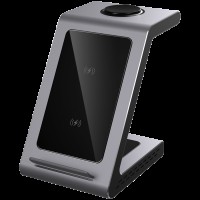 Prestigio ReVolt A8, 3-in-1 wireless charging station for iPhone, Apple Watch, AirPods, wilreless output for phone 7.5W/10W, wireless output for AirPods 5W, wireless output for Apple Watch 2.5W, material: aluminum+tempered glass, space grey color.