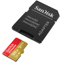 SanDisk Extreme microSDXC 512GB + SD Adapter + 1 year RescuePRO Deluxe up to 190MB/s & 130MB/s Read/Write speeds A2 C10 V30 UHS-I U3