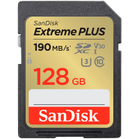 SanDisk Extreme PLUS 128GB SDXC Memory Card + 2 years RescuePRO Deluxe up to 190MB/s & 90MB/s Read/Write speeds, UHS-I, Class 10, U3, V30