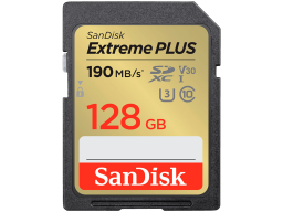 SanDisk Extreme PLUS 128GB SDXC Memory Card + 2 years RescuePRO Deluxe up to 190MB/s & 90MB/s Read/Write speeds, UHS-I, Class 10, U3, V30