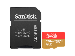 SanDisk Extreme microSDXC 128GB + SD Adapter + 1 year RescuePRO Deluxe up to 190MB/s & 90MB/s Read/Write speeds A2 C10 V30 UHS-I U3