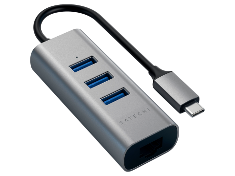 SATECHI Type-C 2-in-1 USB 3.0 Aluminum 3 Port Hub and Ethernet Port Space Gray