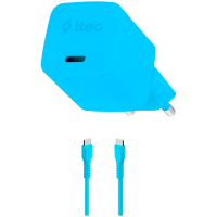 ttec SmartCharger GAN 20W PD Travel Fast Charger + USB-C - USB-C 3A Cable 120cm, Neon Blue