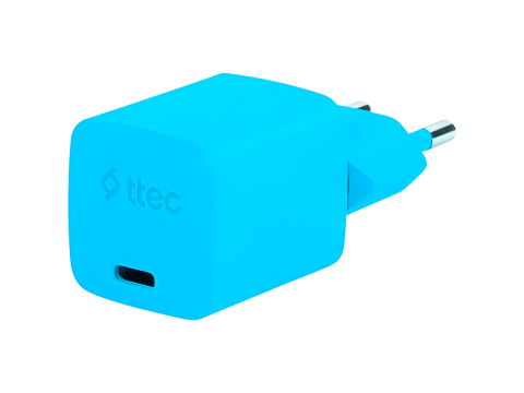 ttec SmartCharger GAN 20W PD Travel Fast Charger + USB-C - USB-C 3A Cable 120cm, Neon Blue