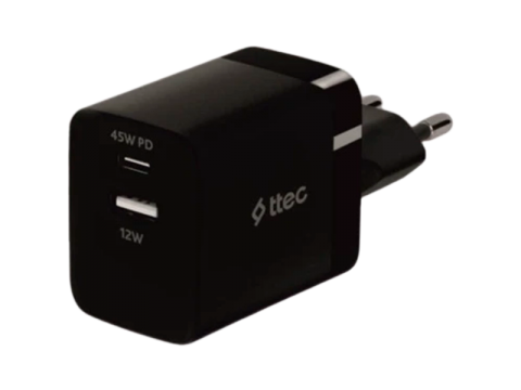 ttec SmartCharger 45W PD Duo Travel Charger  USB-C+USB-A, Black