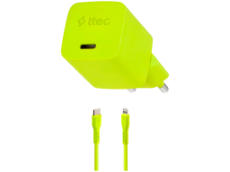 ttec SmartCharger GAN 20W PD Travel Fast Charger + USB-C - Lightning Cable 120cm, Neon Yellow