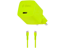 ttec SmartCharger GAN 20W PD Travel Fast Charger + USB-C - USB-C 3A Cable 120cm, Neon Yellow