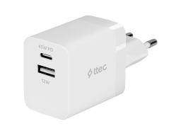 ttec SmartCharger 45W PD Duo Travel Charger  USB-C+USB-A, White