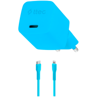 ttec SmartCharger GAN 20W PD Travel Fast Charger + USB-C - Lightning Cable 120cm, Neon Blue