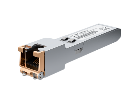 Ubiquiti UACC-CM-RJ45-1G SFP to RJ45 transceiver module that delivers 1 Gbps speed via a converted Ethernet connection.