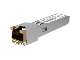 Ubiquiti UACC-CM-RJ45-MG SFP+ to RJ45 adapter, 1/2.5/5/10 GbE is a RJ45 transceiver that can be inserted into an SFP port in order to connect a copper Ethernet cable